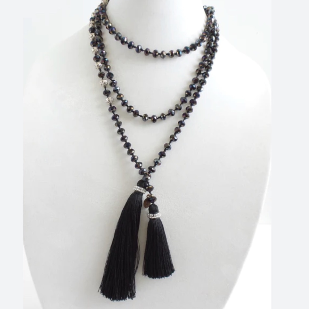 ZACASHA Silver and Crystal Wrap Lariat Necklace Black Bohemian L